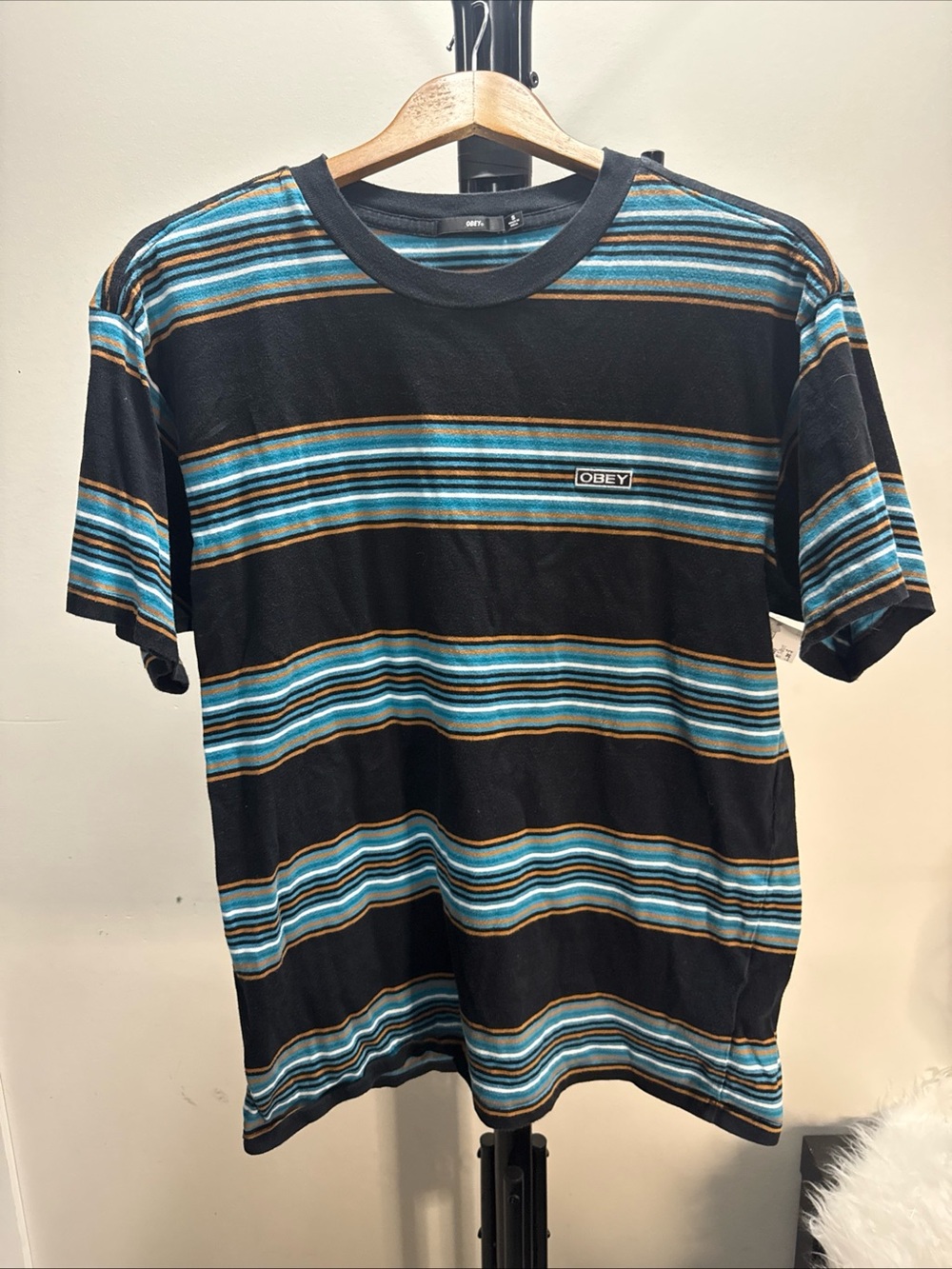 Obey Black Striped Short-Sleeve Tee with Blue & Brown Accents